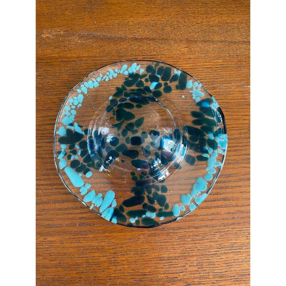 Hand Blown Art Glass Shallow Bowl Blue and Teal Speckled Swirl 6.5” Wide - Picture 8 of 10